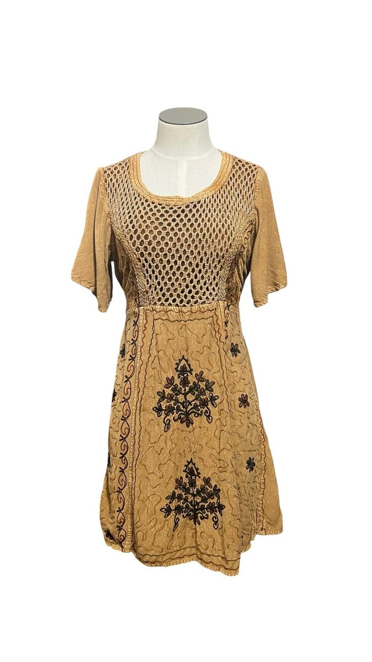 Boho Cottagecore Fairy Velvet Crochet Embroidered Brown Tipsy Dress Free Size